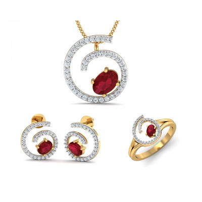 Verica ruby Pendant, Earring & Ring Set in Gold with diamonds